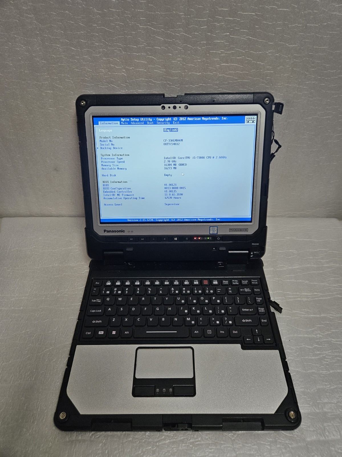 Panasonic Toughbook CF33 Intel I5 7600U 16GB RAM, Win11 Pro, No Hdd 0% Batt Life