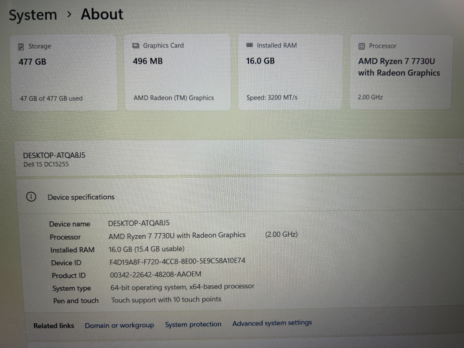DELL 15 DC15255 G8MK9, AMD Ryzen 7 7730U, 2.00 GHz, 16 GB RAM, 512 GB NVMe SSD