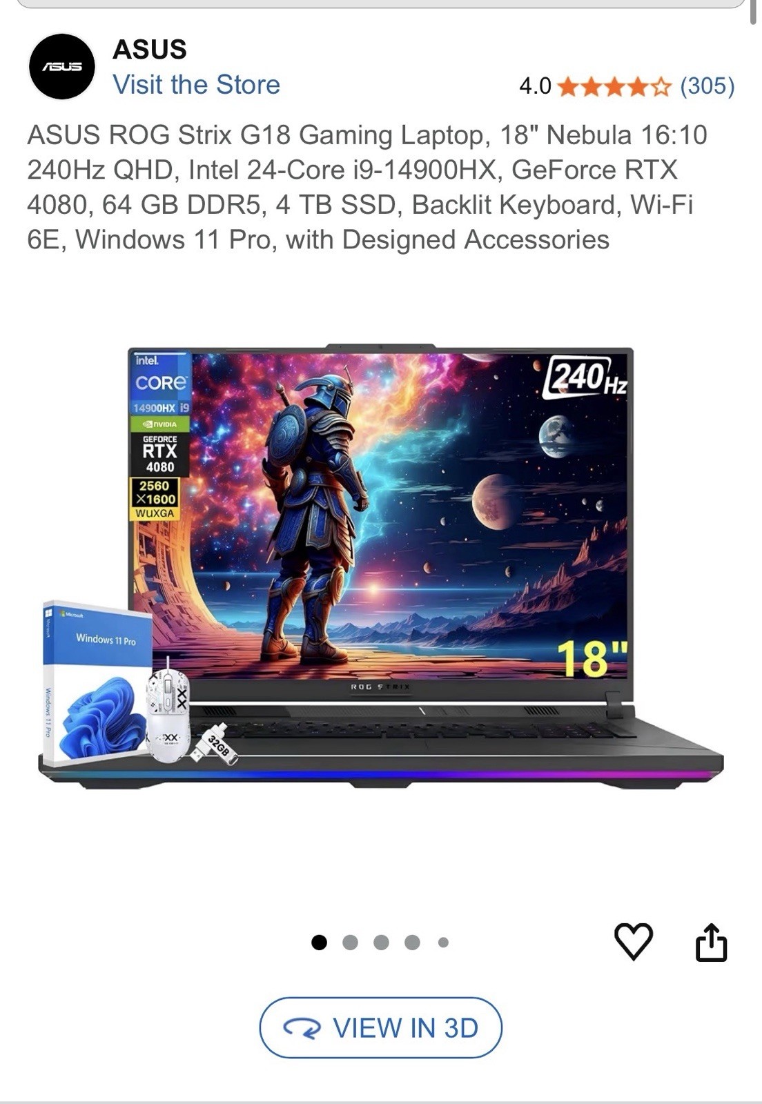 ASUS ROG Strix G18 18in 2560×1600 i9-14900HX RTX 4080 64GB 4TB SSD W11P