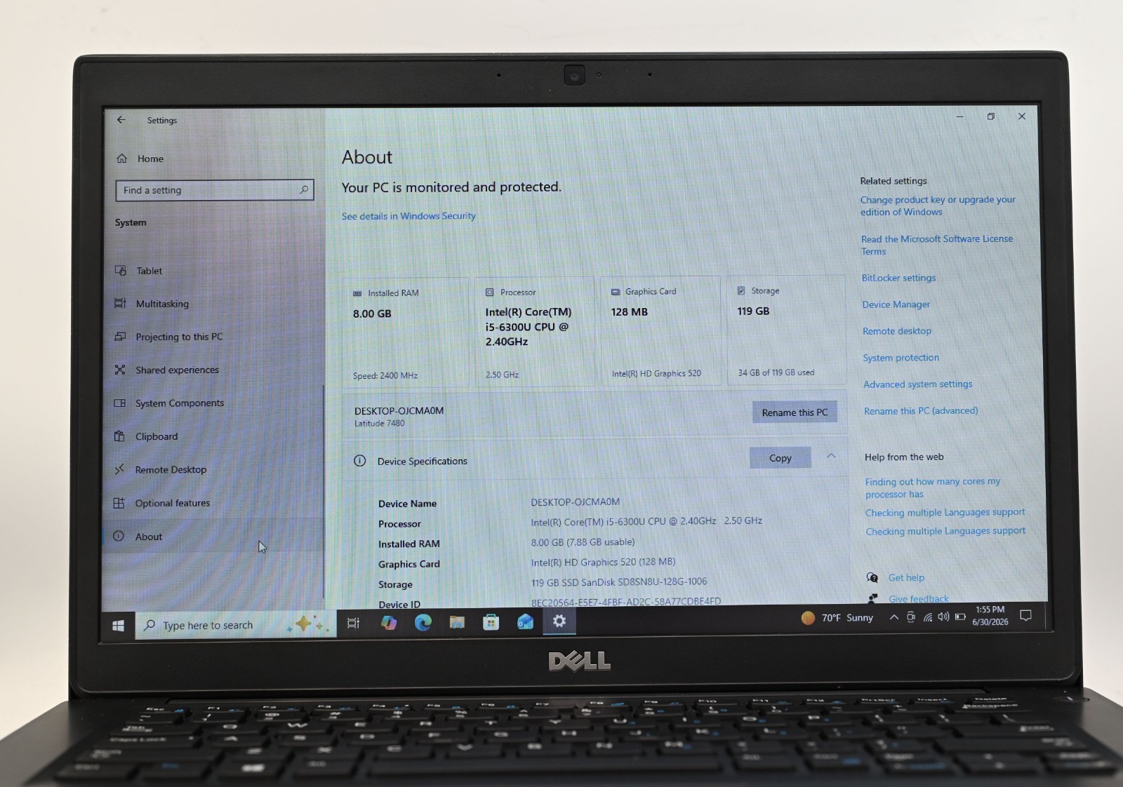 Dell Latitude 7480 i5-6300 2.4GHz 8GB RAM 128GB SSD Windows 10 Pro