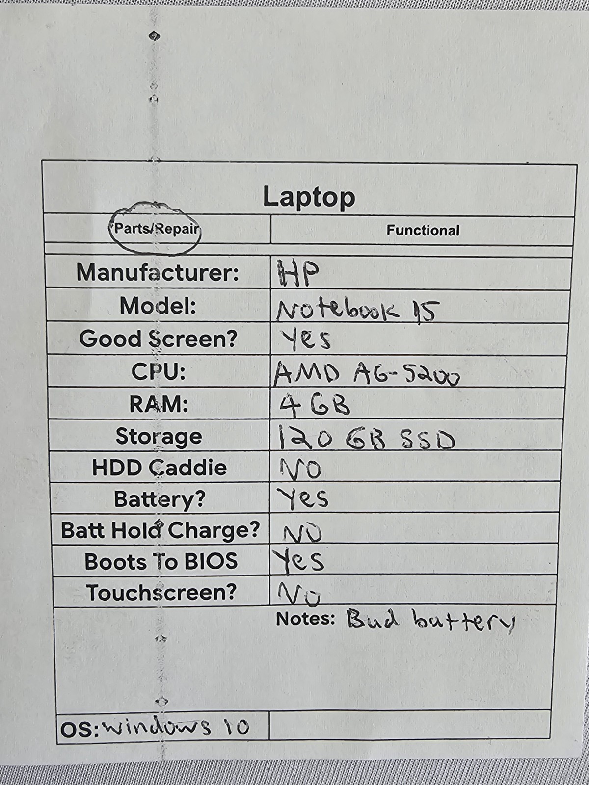 HP 15-f305dx Laptop – AMD A6-5200 – 4GB RAM – 120GB SSD – BAD BATT – Windows 10