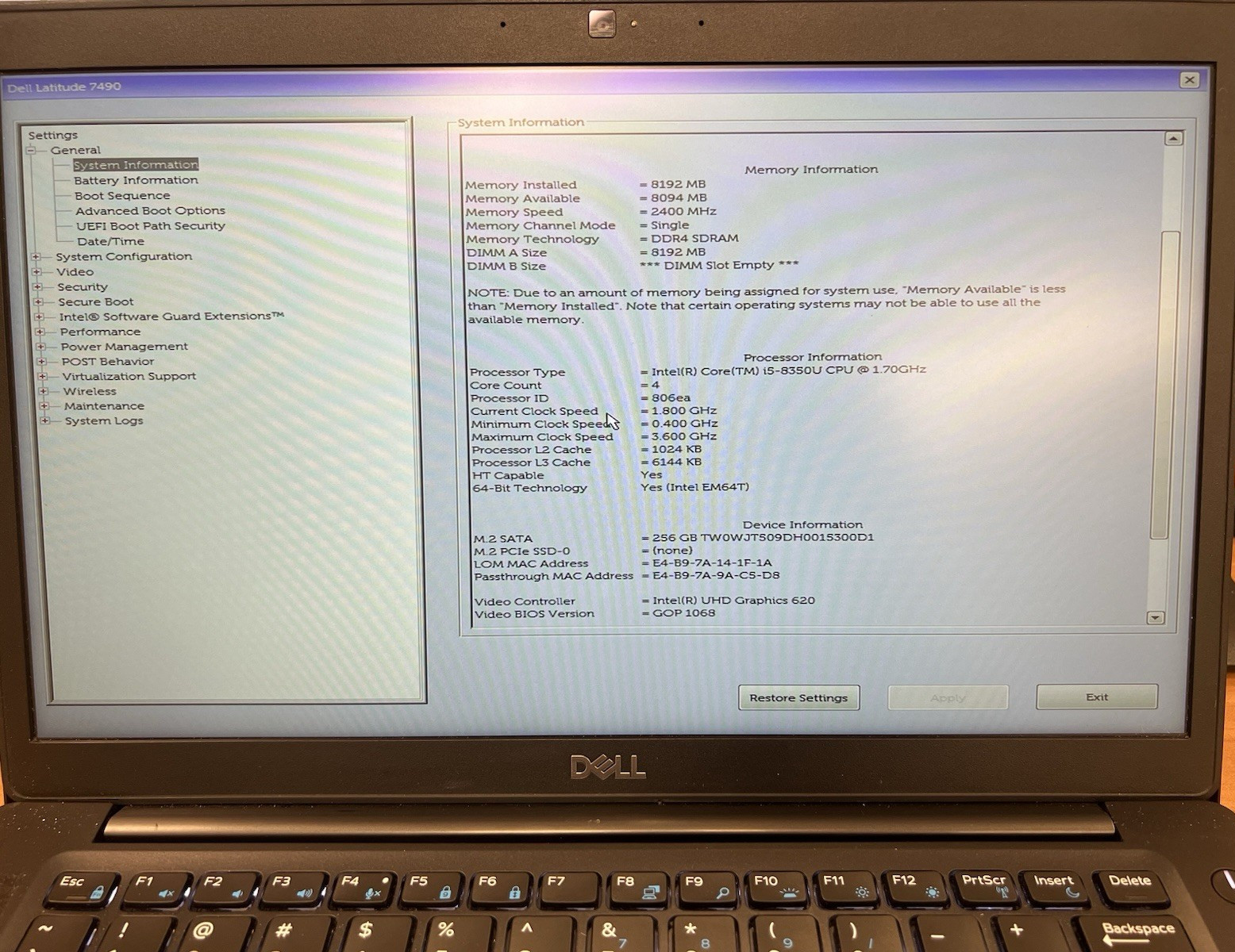 Dell Latitude 7490, i5-8350U CPU, @ 1.70GHz, 8GB RAM, 256GB SSD-No OS/Charger