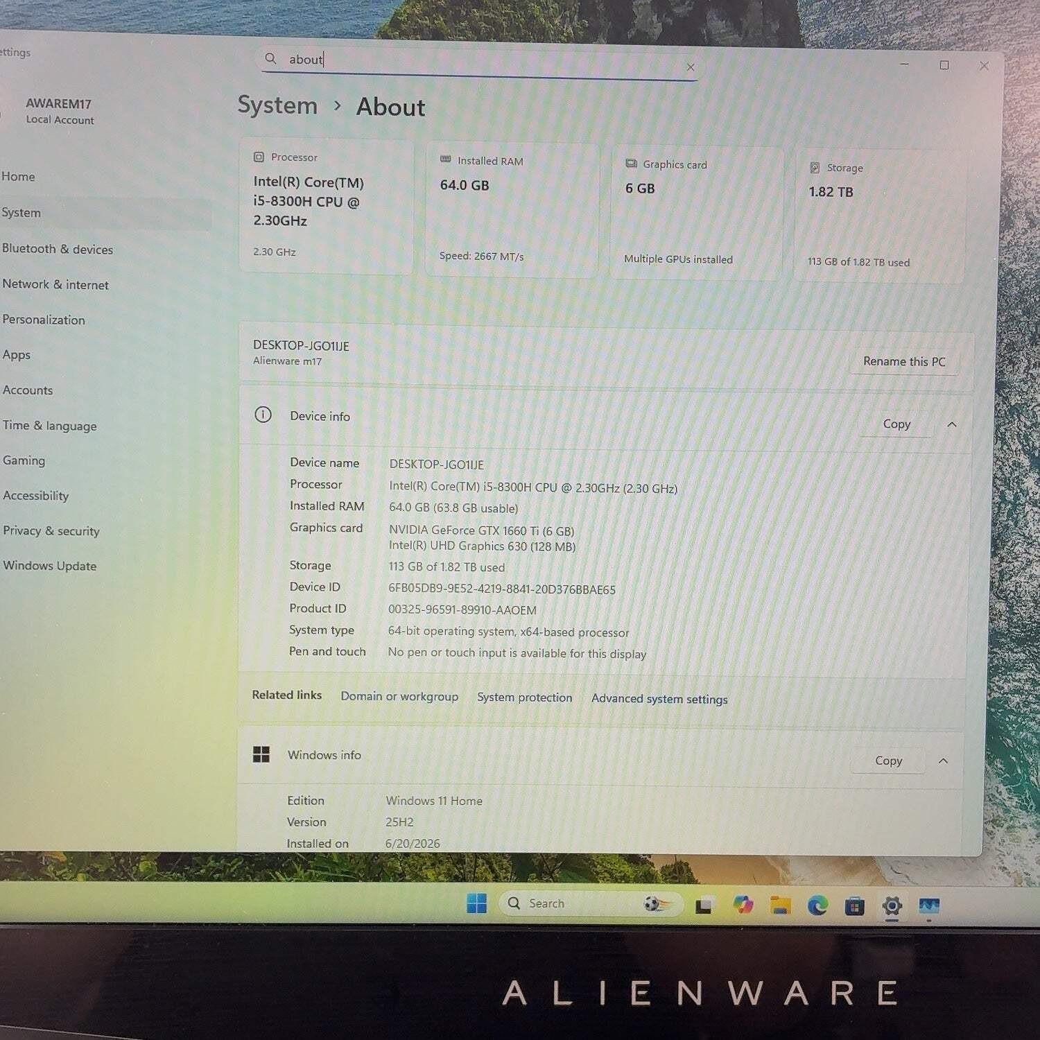 Alienware M17 i5-8300H 2.3GHz 64GB RAM 2TB SSD GeForce GTX 1660 Ti Sound Issue