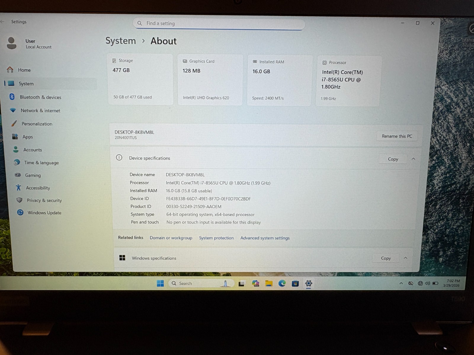 Lenovo ThinkPad T590 i7-8565U 16GB RAM 512GB SSD Windows 11 Pro 15.6″ Laptop