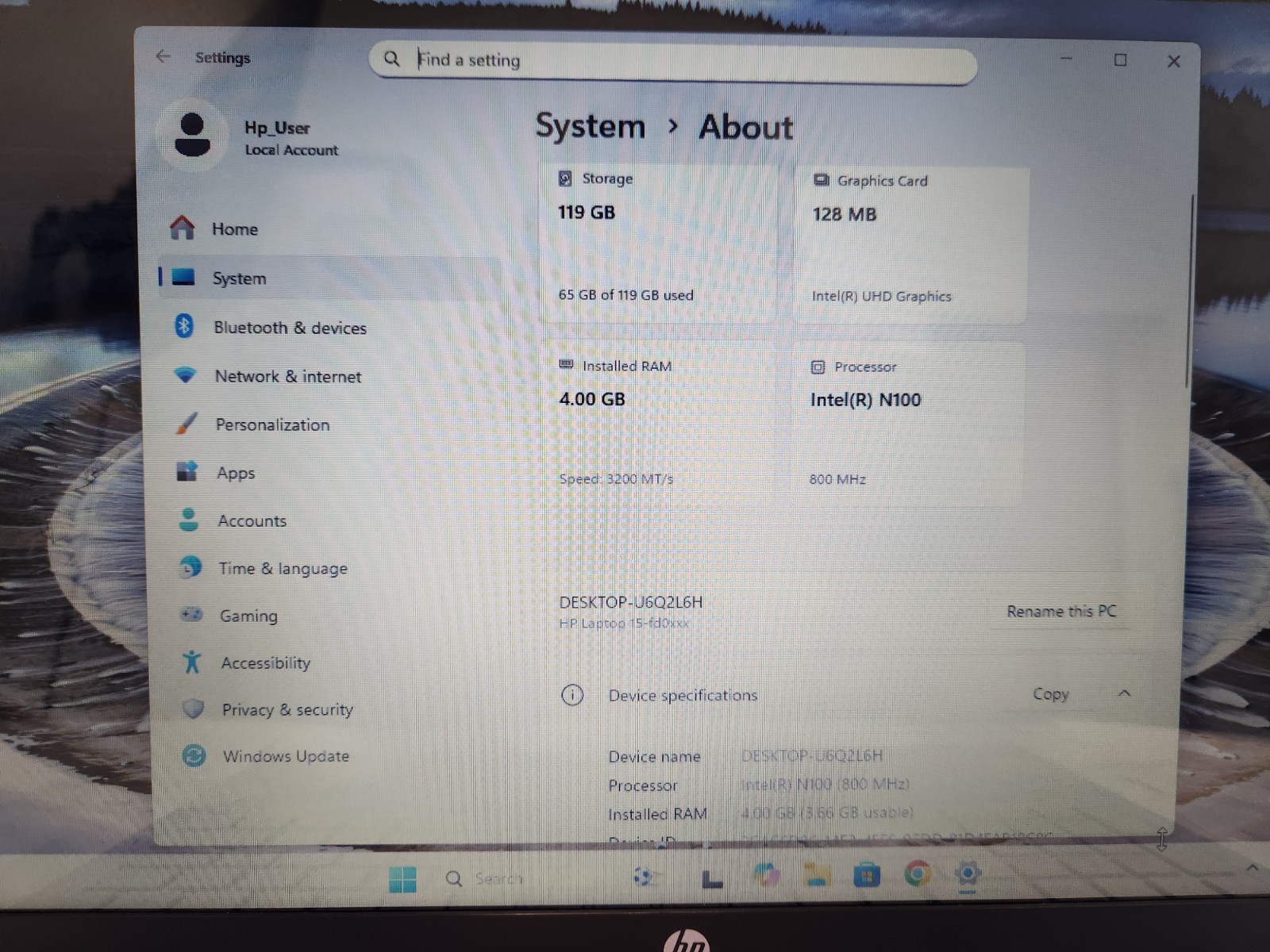 HP 15-fd0624ds Laptop, Intel Celeron N100, 4GB RAM, 128GB eMMC, Win 11 Pro