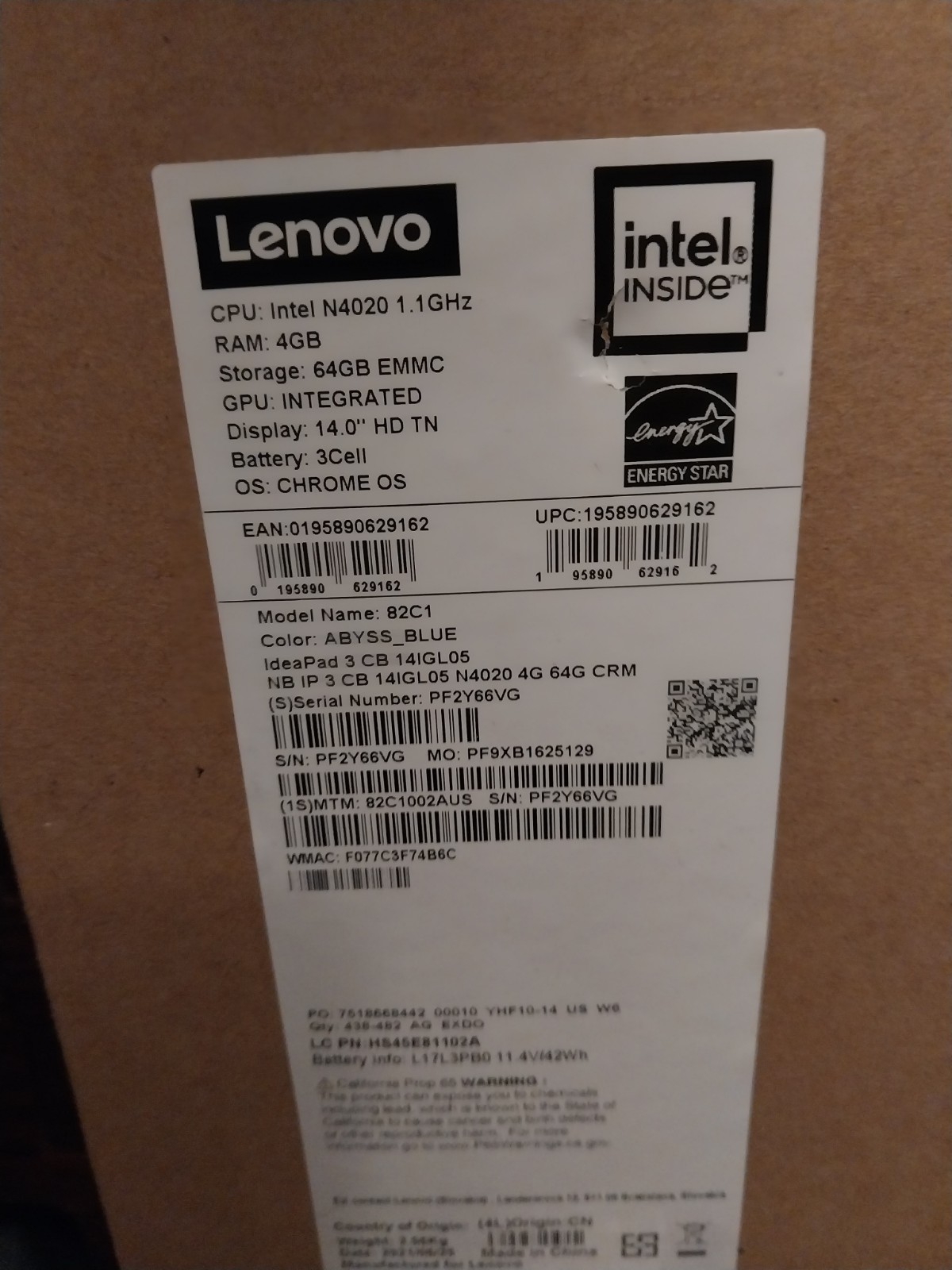 Fact. Sealed Lenovo Ideapad 3 CB 14″ HD Cel N4020 1.1GHz eMMC 4/64gb 82C1002AUS