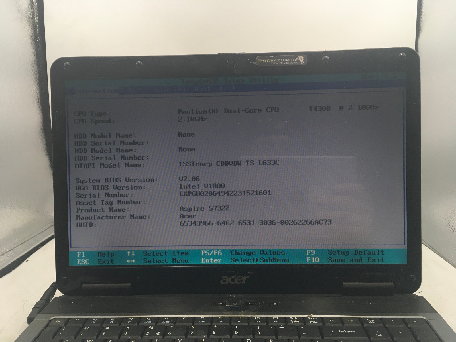 ACER ASPIRE 5732Z 4855 – BOOTS TO BIOS – INTEL T4300 DUAL CORE – 4B RAM -READ-BB