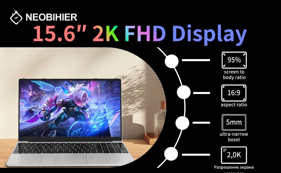 Gaming Laptop, N95 up to 3.4GHz, 16GB RAM, 512GB SSD, 15.6″ 2K Display, Gray