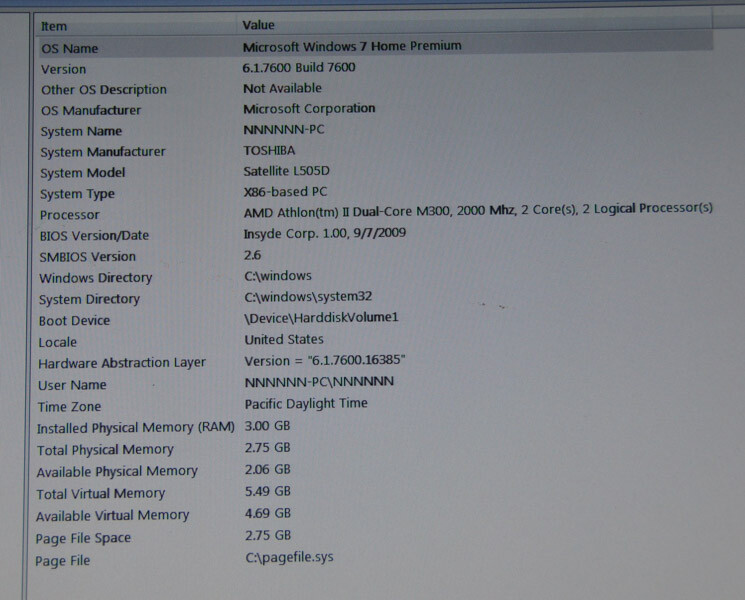Toshiba Satellite L505D Laptop_AMD Athlon II Dual Core M300 @ 2.00 GHz_3GB RAM.