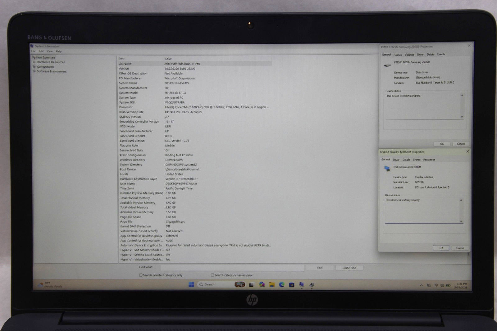 HP ZBook 17 G3 17″ Laptop i7-6700HQ 8 GB RAM 256 GB SSD Win 11 No Charger