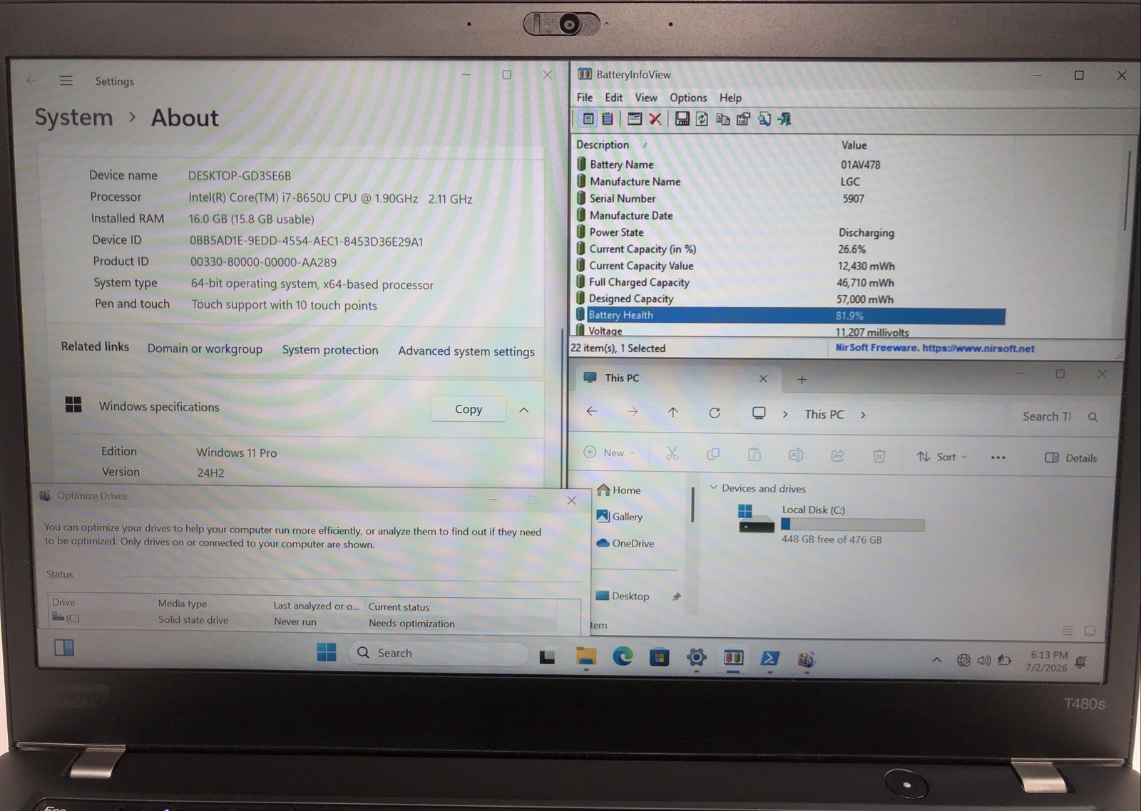 Lenove Thinkpad T480s, Intel Core i7-8650U @1.90GHz, 16GB RAM 500GB SSD, W11