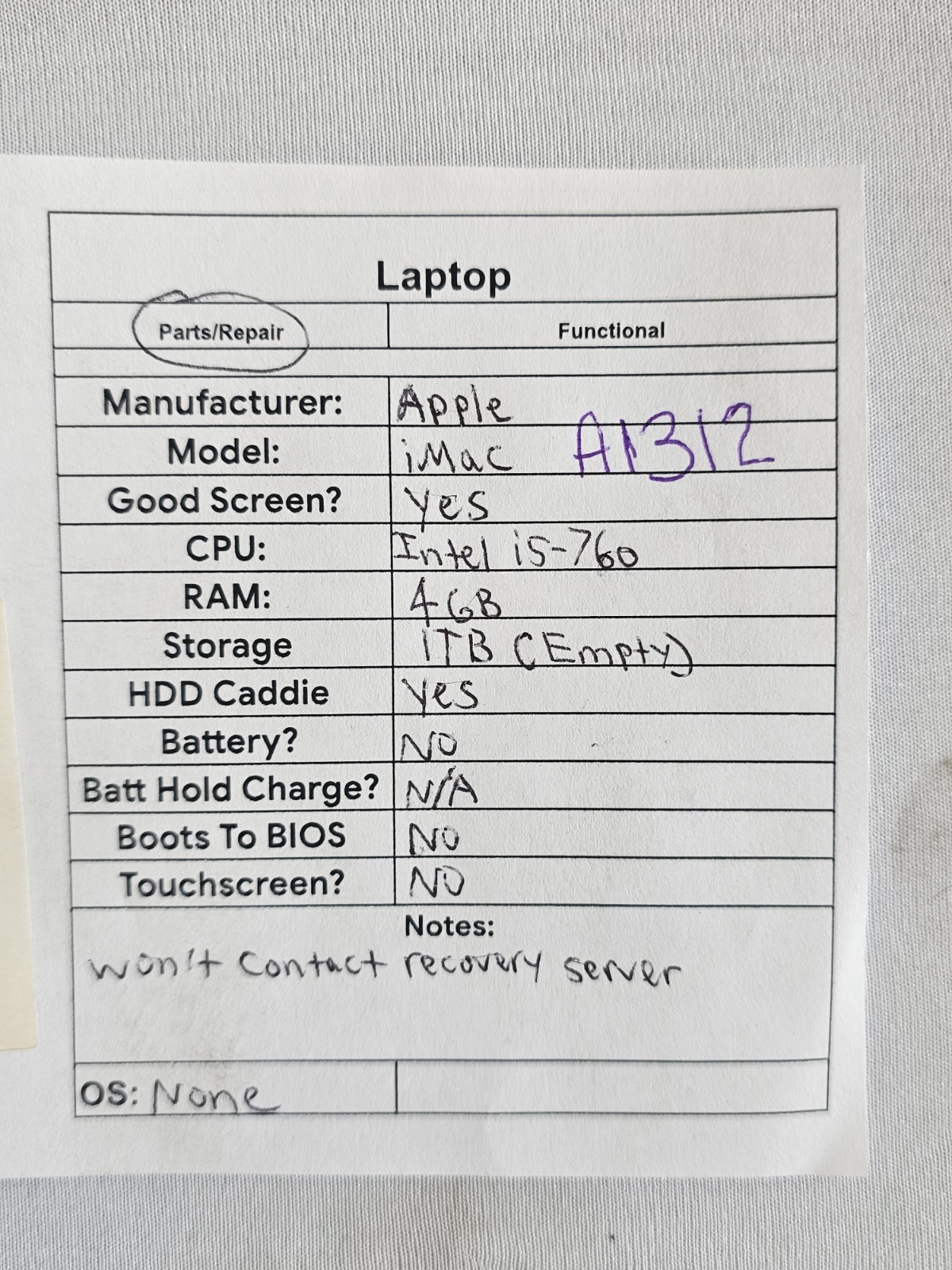 Apple iMac A1312 All-In-One Intel i5-760 4GB RAM NO OS – READ