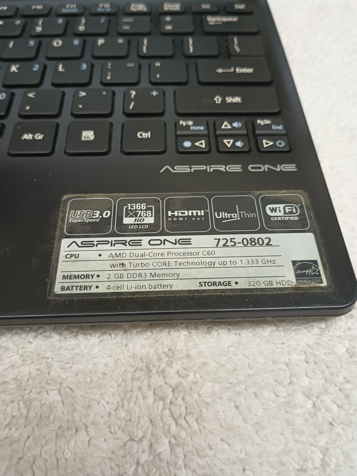 Acer Aspire One 725-0802 AMD C60 2GB RAM 320 HDD 11.6″ Laptop FOR REPAIRS/PARTS