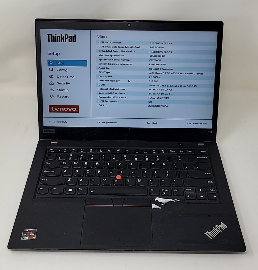 LENOVO ThinkPad T14 Gen 1 Laptop AMD RYZEN 5 PRO 4650U 8GB 256GB SEE NOTES