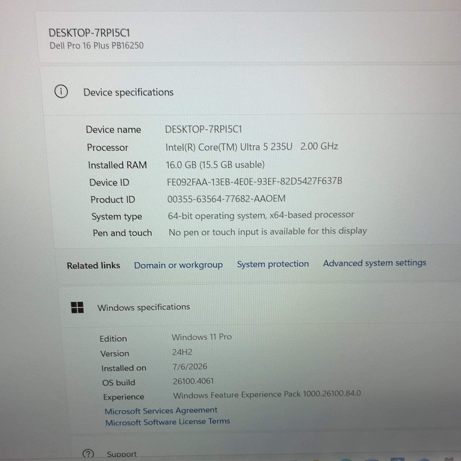 Dell Pro 16 Plus PB16250 16″ Core Ultra 5 235U 2.0GHz 16GB RAM 256GB SSD