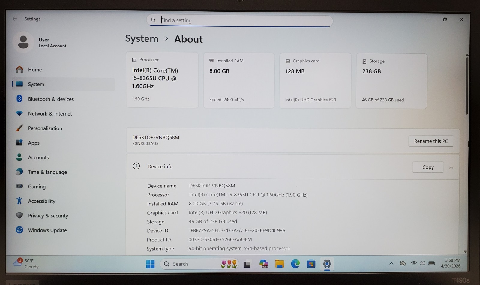 Lenovo ThinkPad T490s Core i5-8365U @ 1.60GHz 8GB RAM 256GB SSD Windows 11 Pro