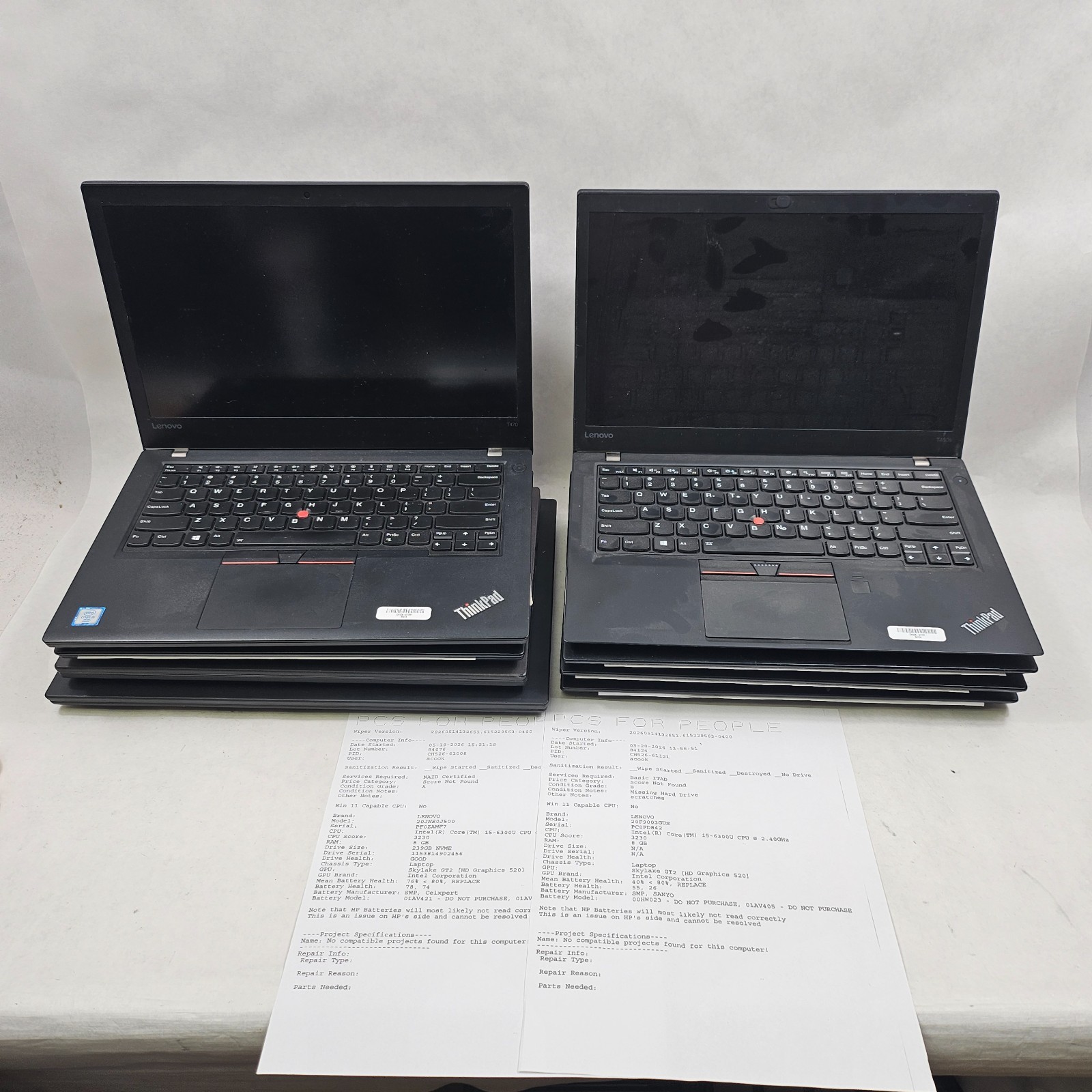 Lot of 9 Mixed Model Lenovo ThinkPad i5-6th-8th Gen 8GB RAM Mixed Specs *Read