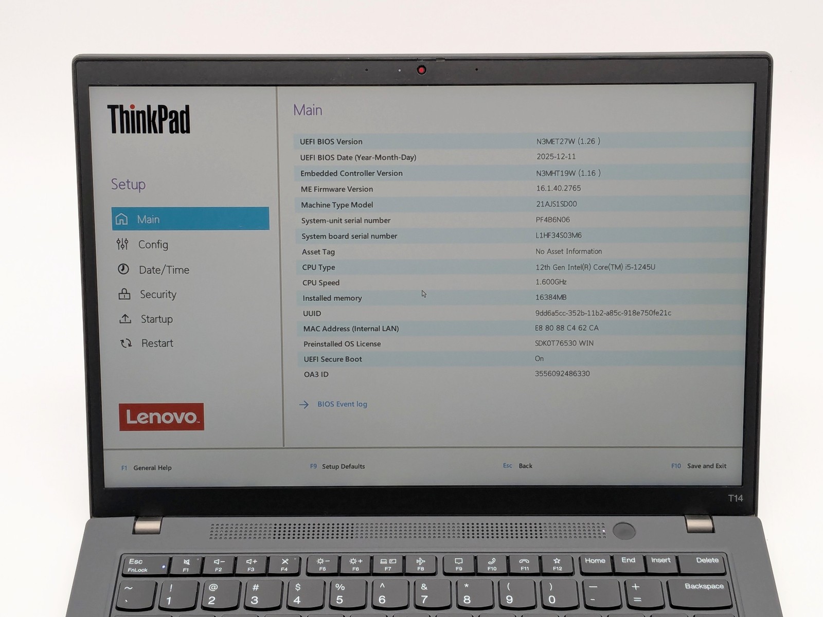 Lenovo ThinkPad T14 Gen 3 14″ FHD+ I5-1245U 256GB SSD 16GB W11P Webcam FPR