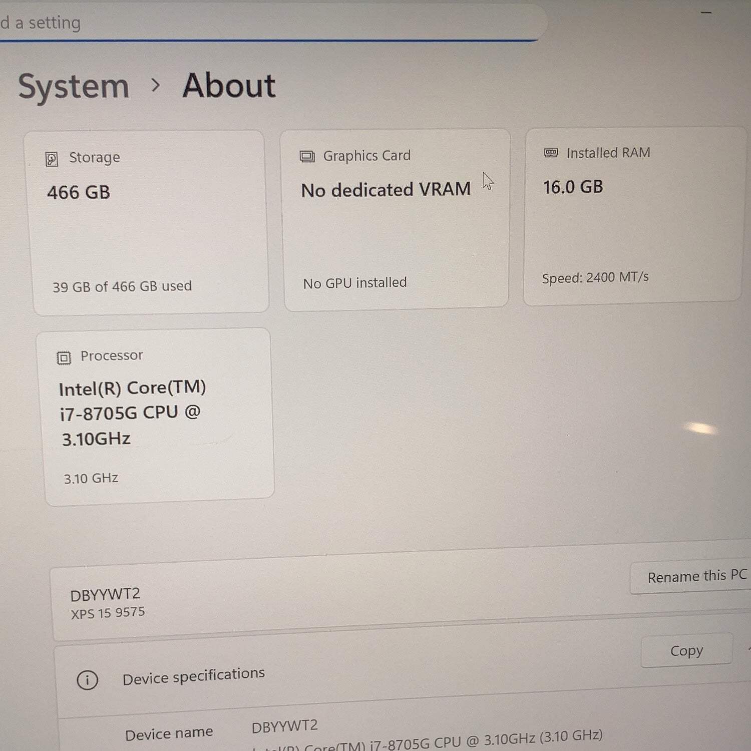 Dell XPS 9575 15″ i7-9705G 3.1GHz 16GB RAM 500GB SSD NO BATTERY