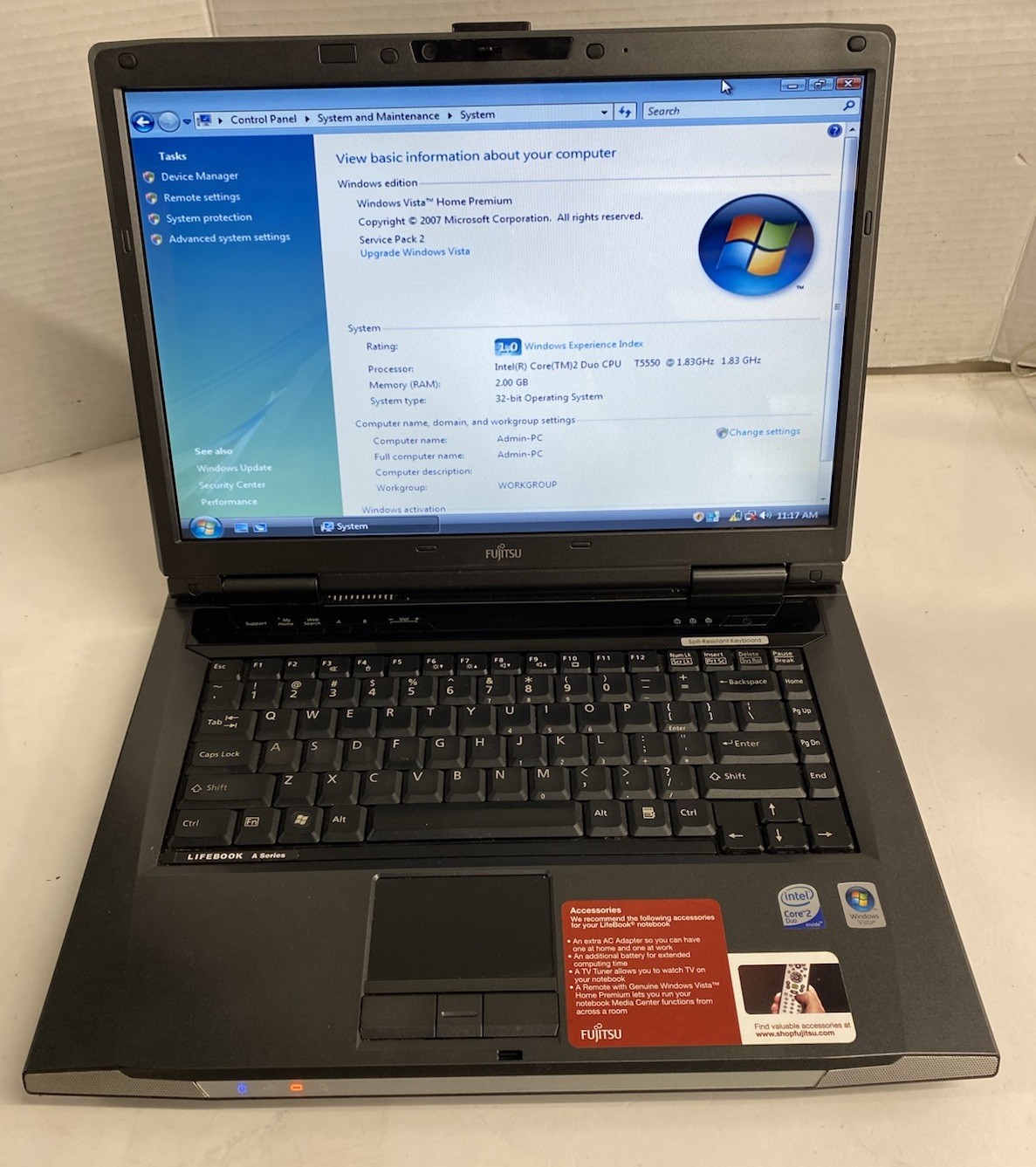 Fujitsu LifeBook A6120 Core 2 Duo T5550 1.83 GHz 2GB RAM 180GB HD Windows Vista