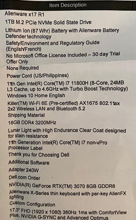 Alienware x17 R1, 17.3 inch FHD 360Hz Nvidia GSYNC Factory Sealed