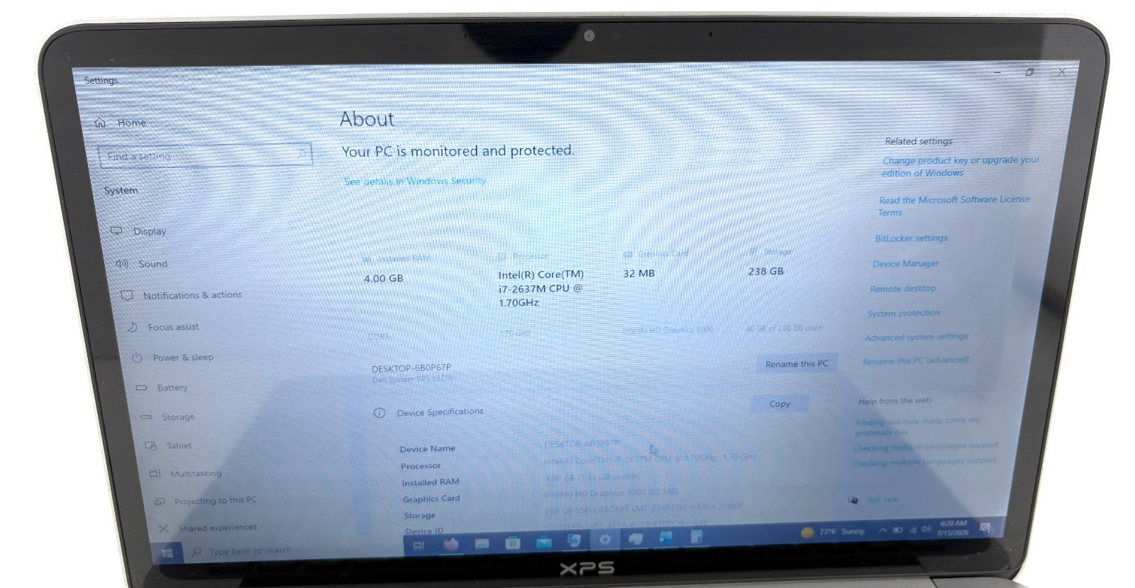 Dell System XPS L321X 13.3″ 256GB SSD 4GB RAM win 10 1.7GHz i7-2637M; 566104