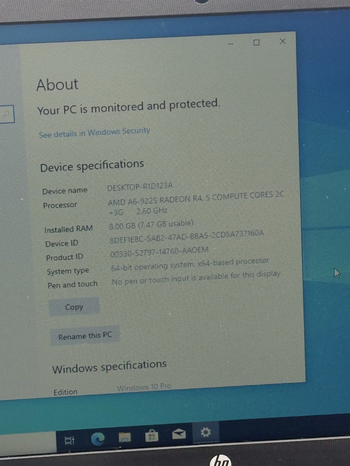 HP 255 G7 15.6” Laptop AMD A6-9225 8GB RAM 256GB SSD Win10P