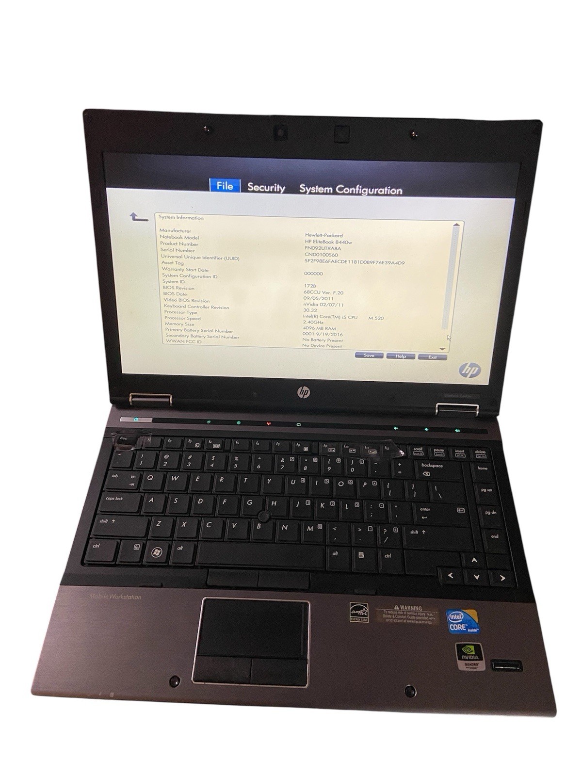 HP EliteBook 8440W Intel i5-M520 2.4GHz 4GB NO HDD, BAD KEYS, No Charger AS IS!