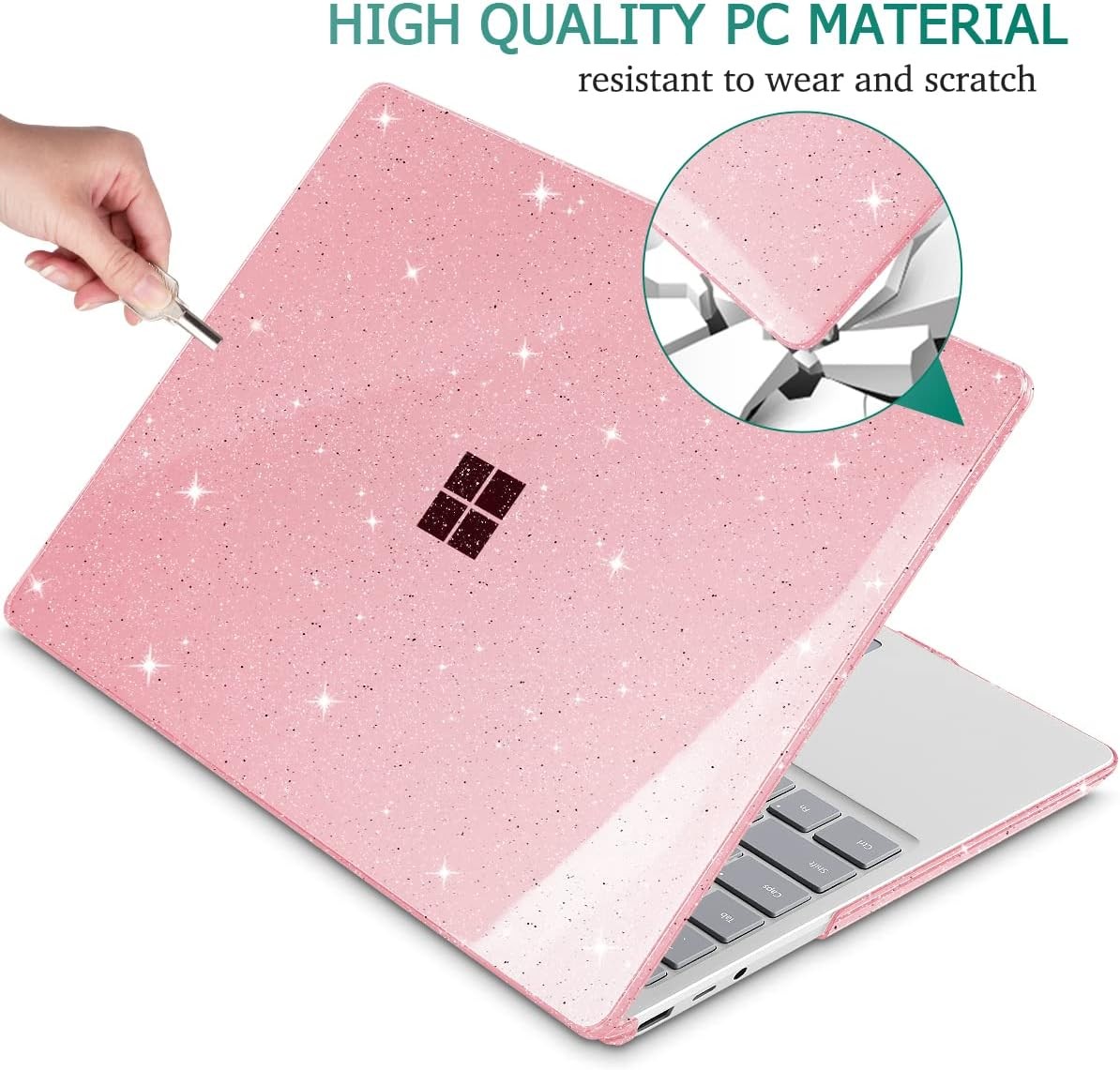 Case for 13.5″ Microsoft Surface Laptop 5/4/3 with Metal Palm Rest, Sparkly Pink