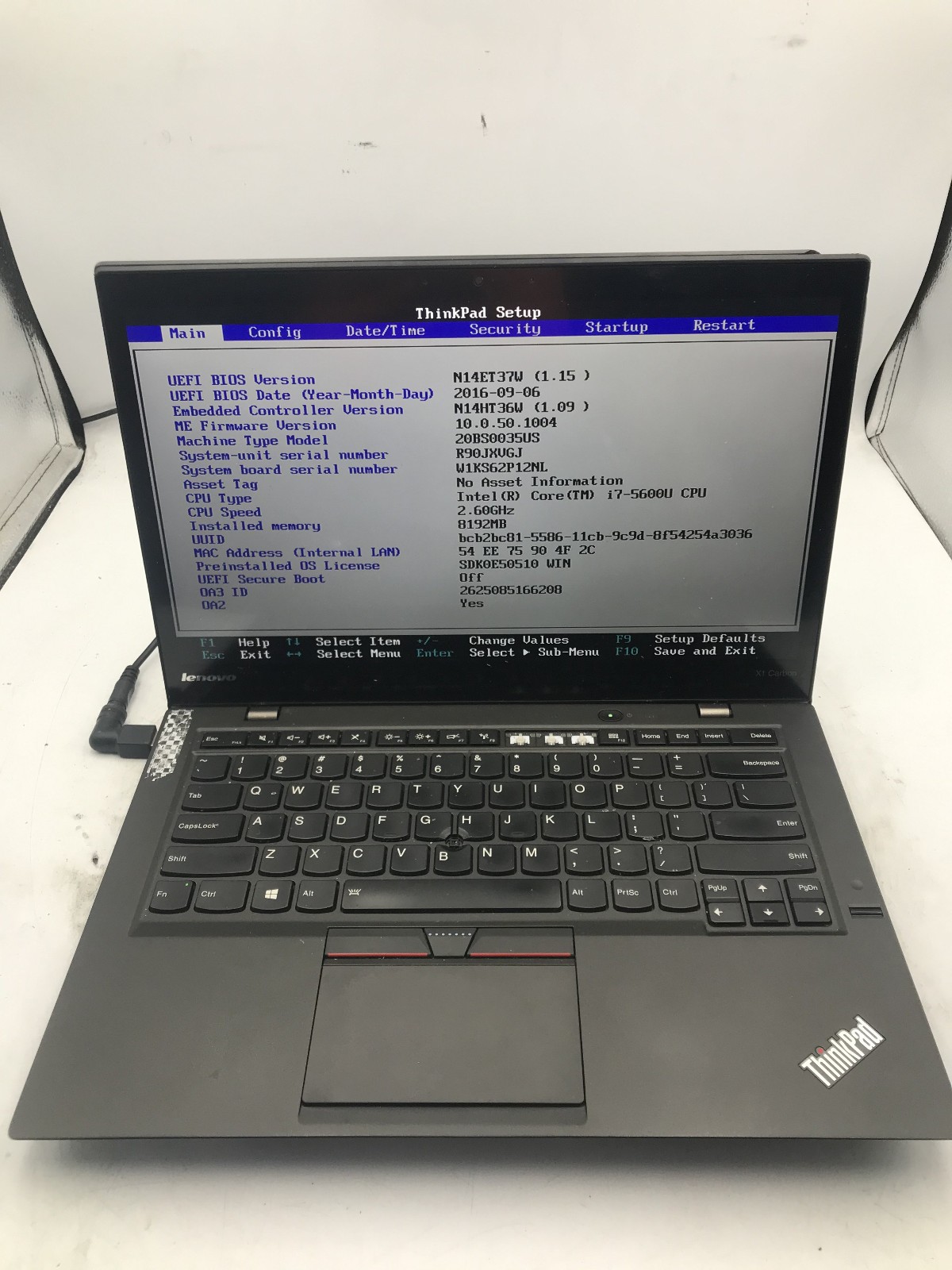 LENOVO THINKPAD X1 CARBON – BOOTS TO BIOS – INTEL I7 5600U – 8GB RAM – READ – BB