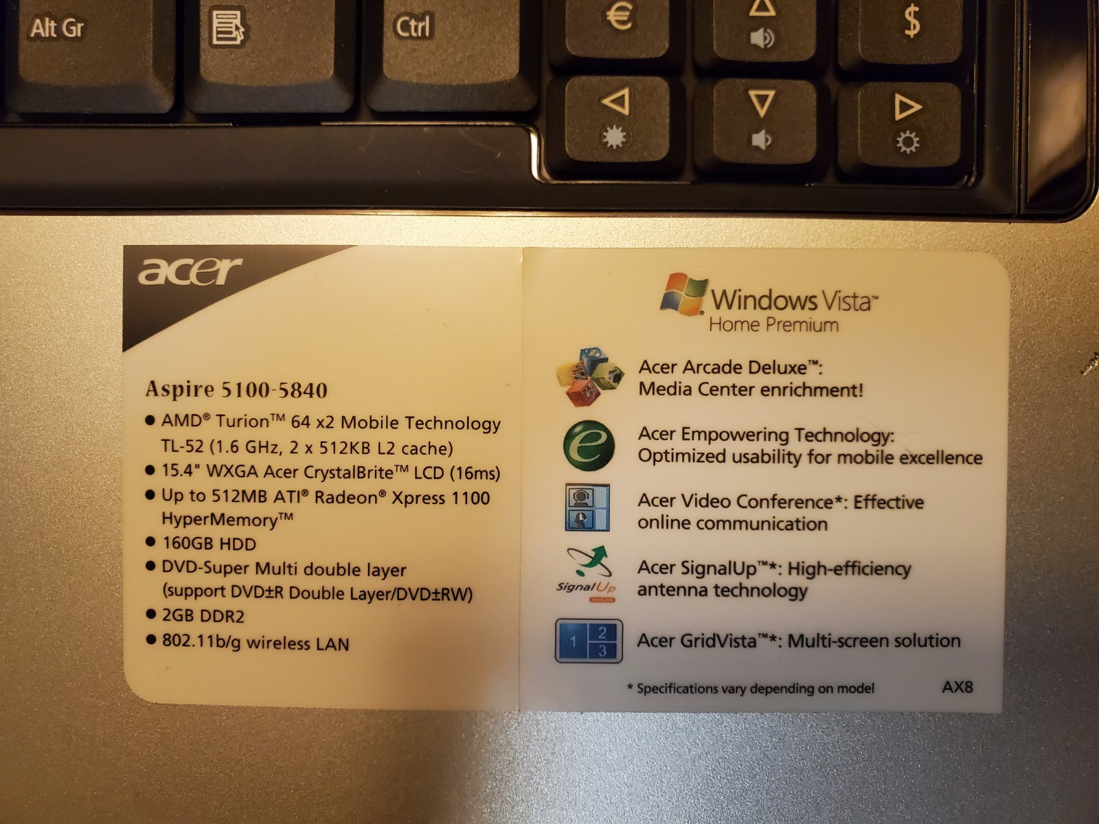Acer 5100 BL51 Laptop – AMD Turion 64 X2 1.60 GHz – Vintage Retro Gaming