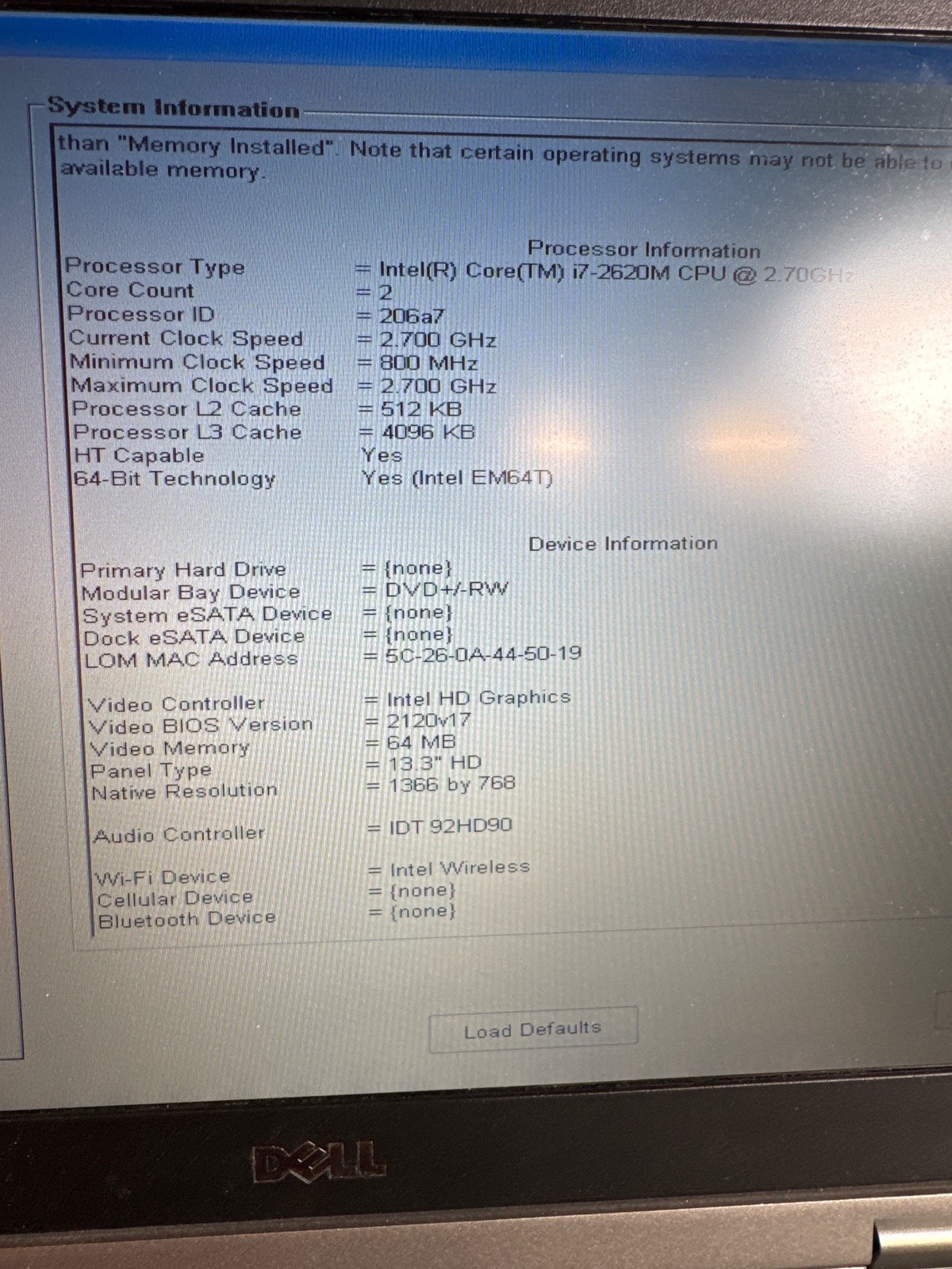 Dell Latitude e6320 Intel Core i7-2620M 8 GB No Drive 13.3″