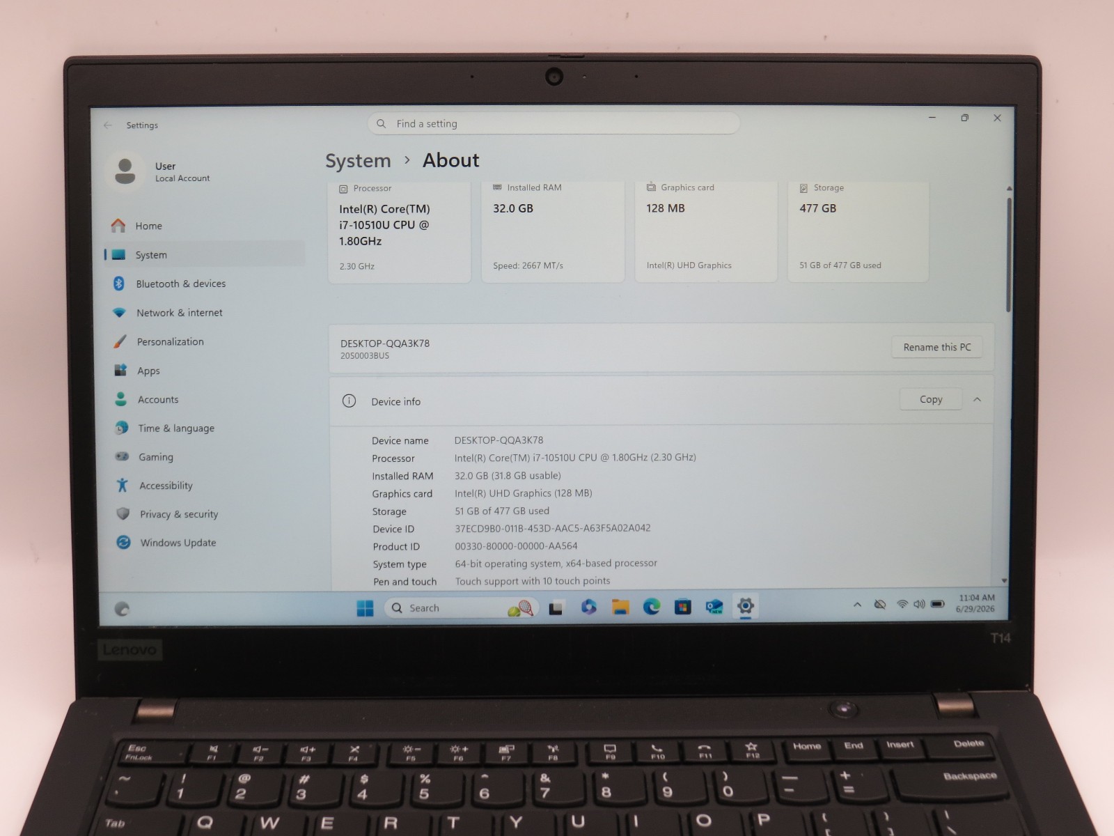Lenovo ThinkPad T14 G1 i7-10510U 16GB DDR4 512GB m2 14″ Touch Win11 Pro