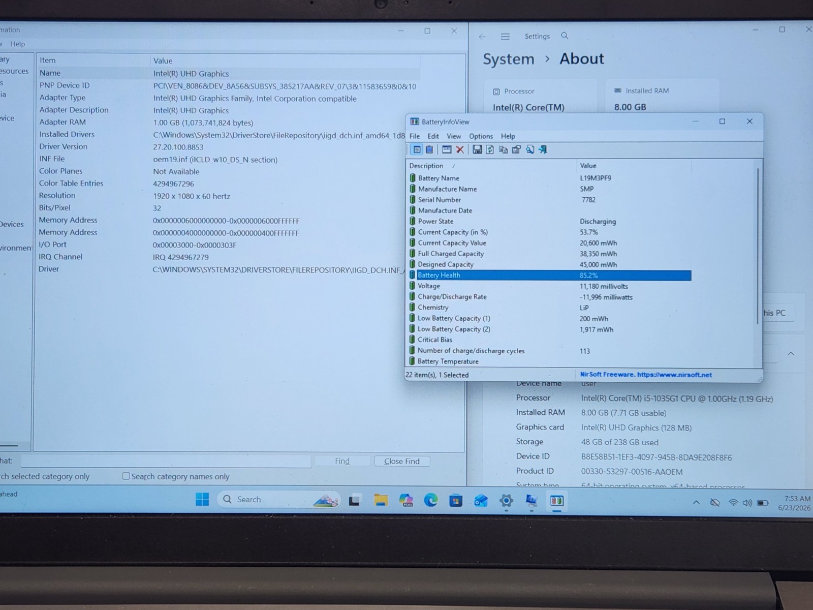 Lenovo ThinkBook 15-IIL Intel I5-1035G1 1.0Ghz 8GB RAM 256GB SSD W11P + Adapter