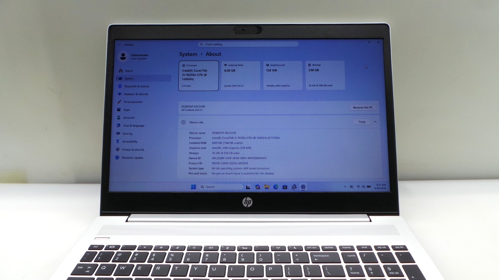 HP ProBook 450 G7 | 15.6″ | i5-10210U 1.60GHz | 8GB DDR4 256GB NVMe | WIN 11 PRO