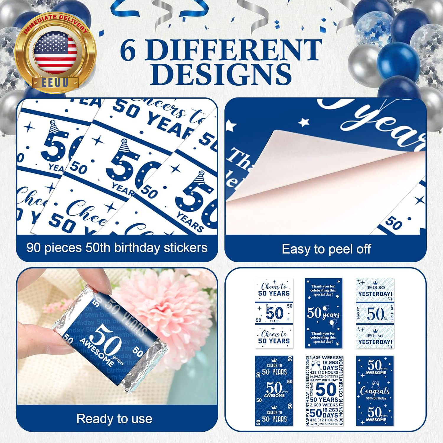 90 Pcs 50Th Birthday Party Candy Wrappers Blue and Silver Stickers, Mini Chocola