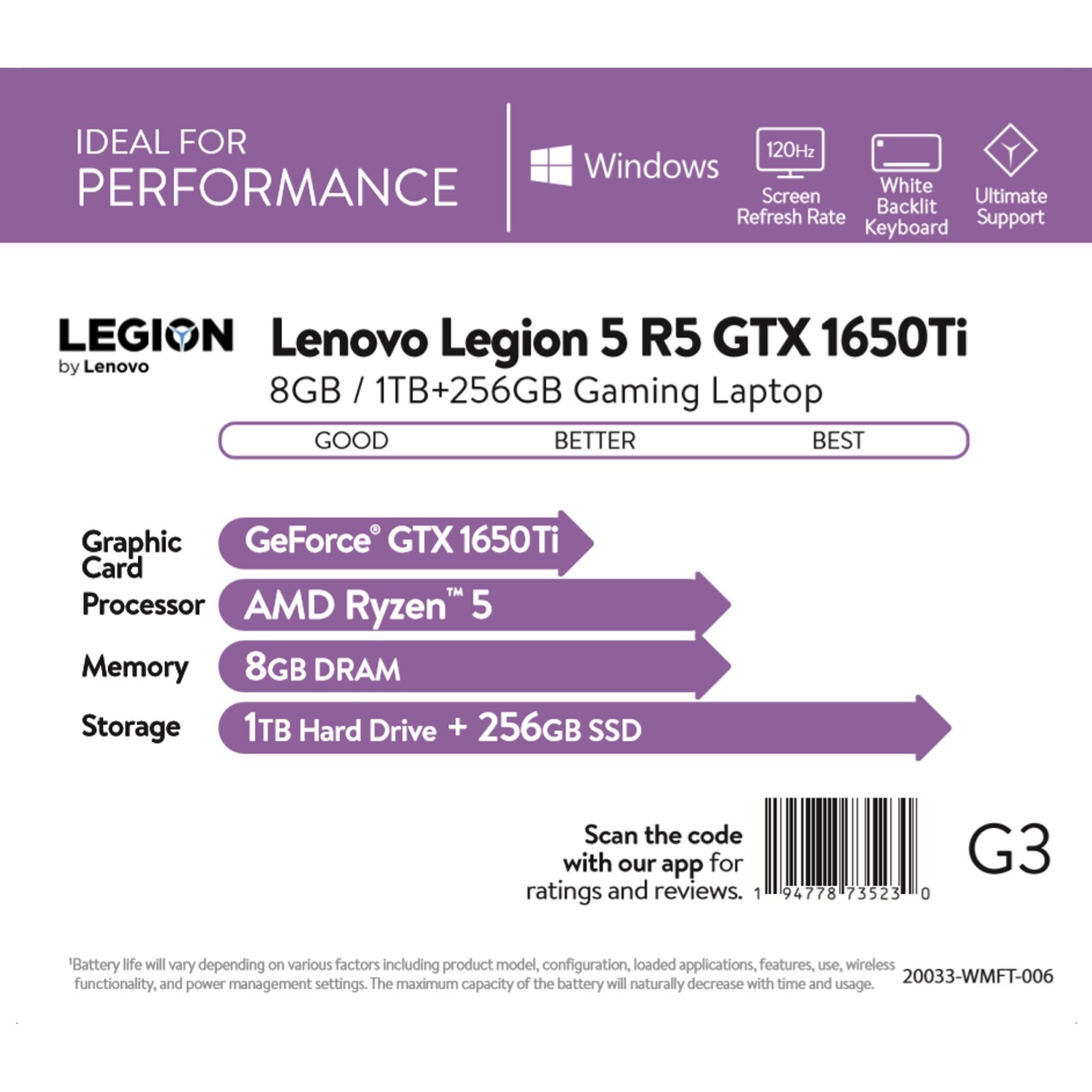 Lenovo Legion 5 AMD Ryzen R5 GTX 1650Ti 8GB/256GB+1TB Gaming Laptop