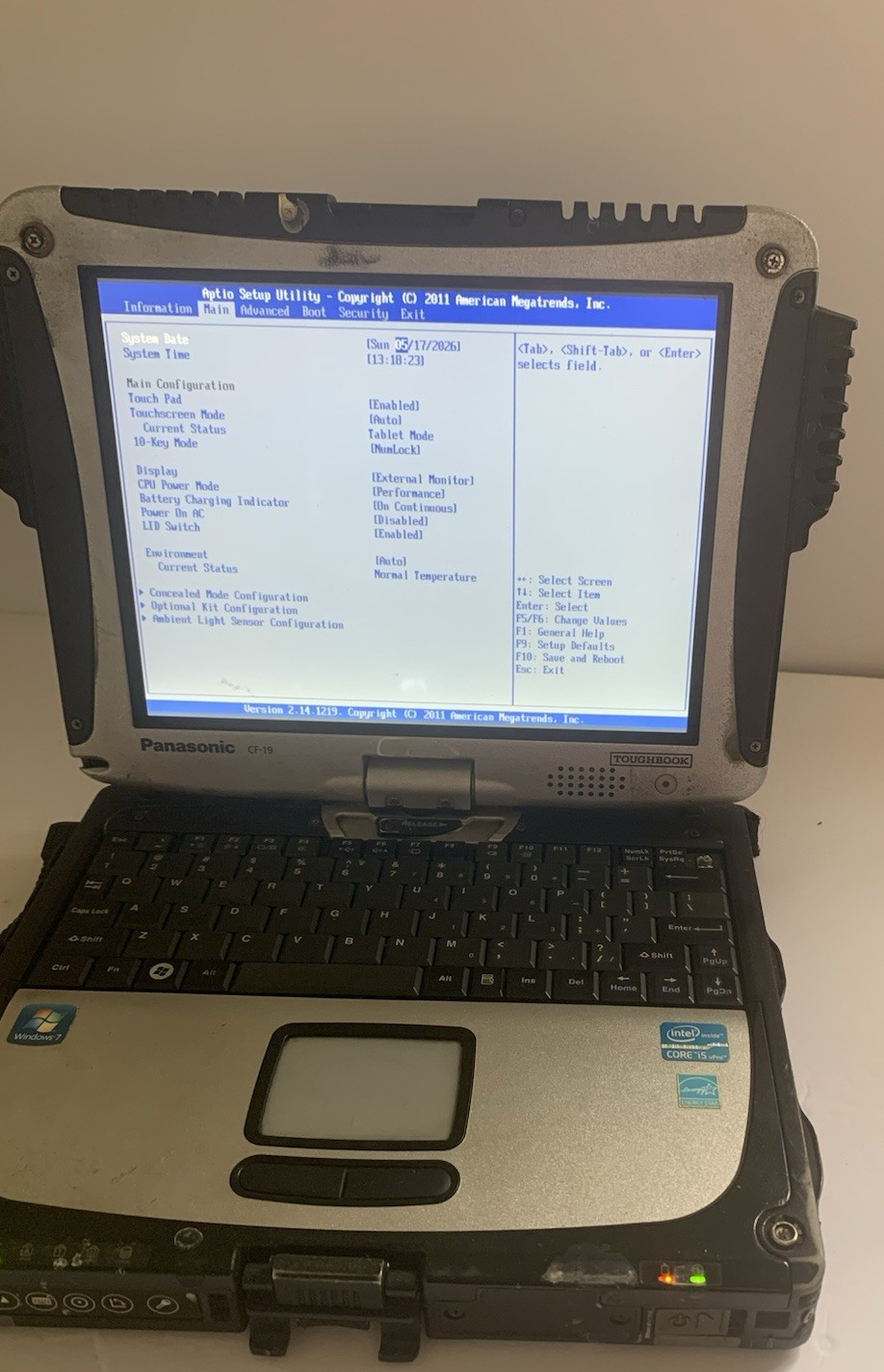 Panasonic CF-19 Core i5-3320M 2.6GHz 8GB NO HDD / MK6 Boot TO BIOS