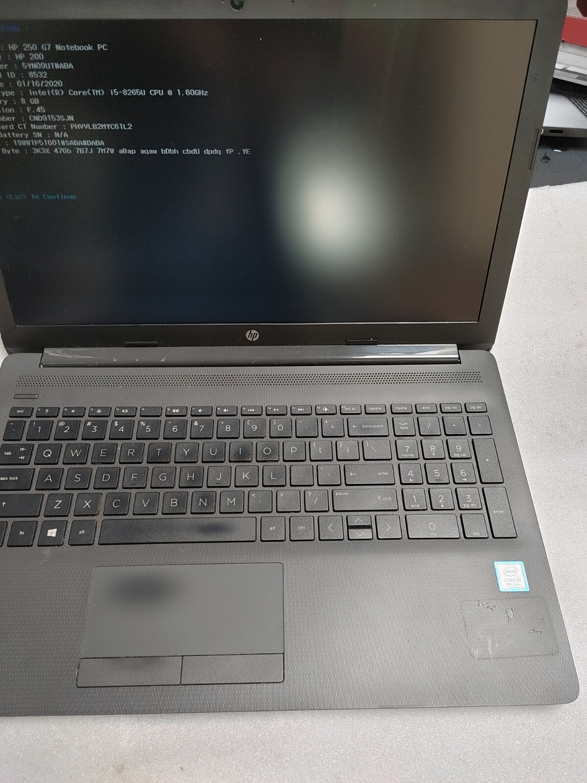 HP 250 G7 Notebook PC Core i5-8265U@1.60GHz, NO RAM ,NO HD FOR PARTS ONLY