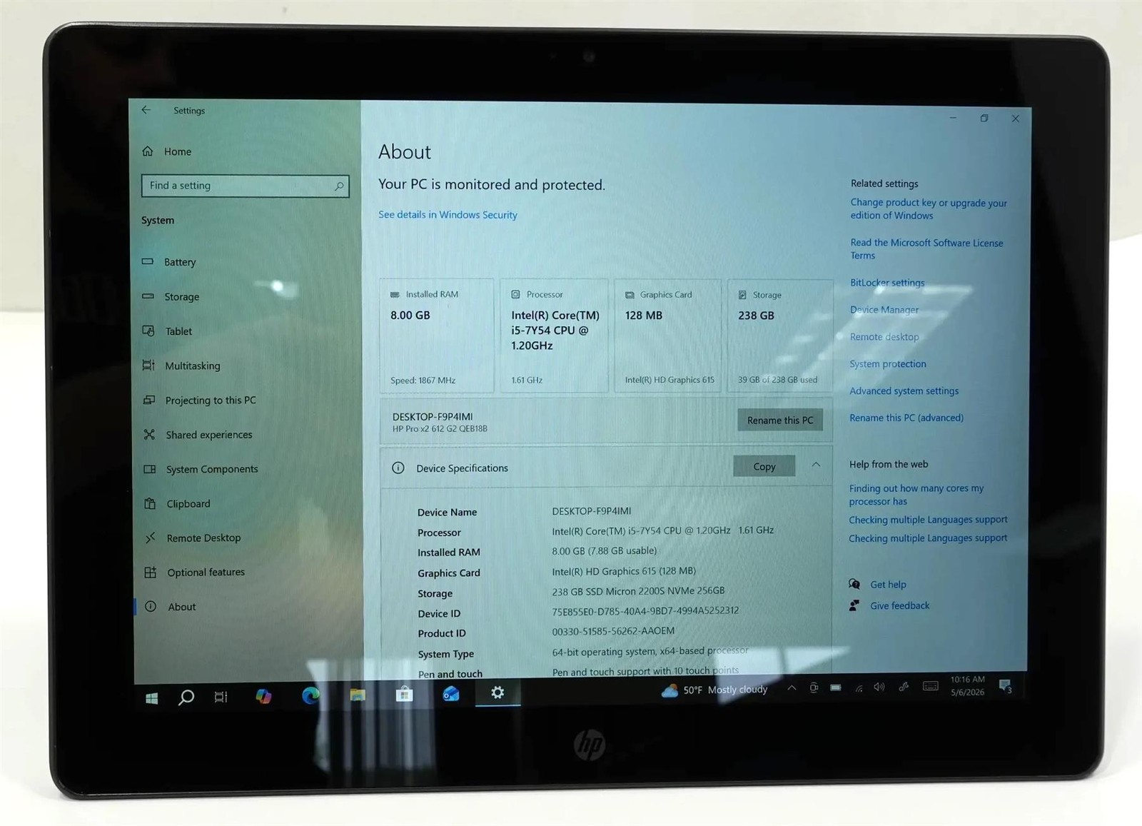 HP Pro X2 612 G2 Tablet Core i5-7Y54 1.20GHz 8GB 256GB SSD