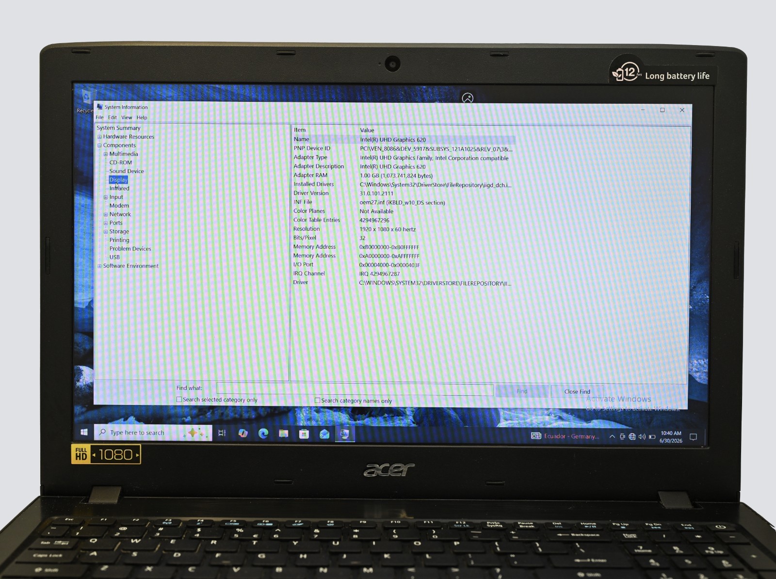 Acer Aspire E5-576 i3-8130u 2.2GHz 16GB RAM 128GB SSD Windows 10 Pro