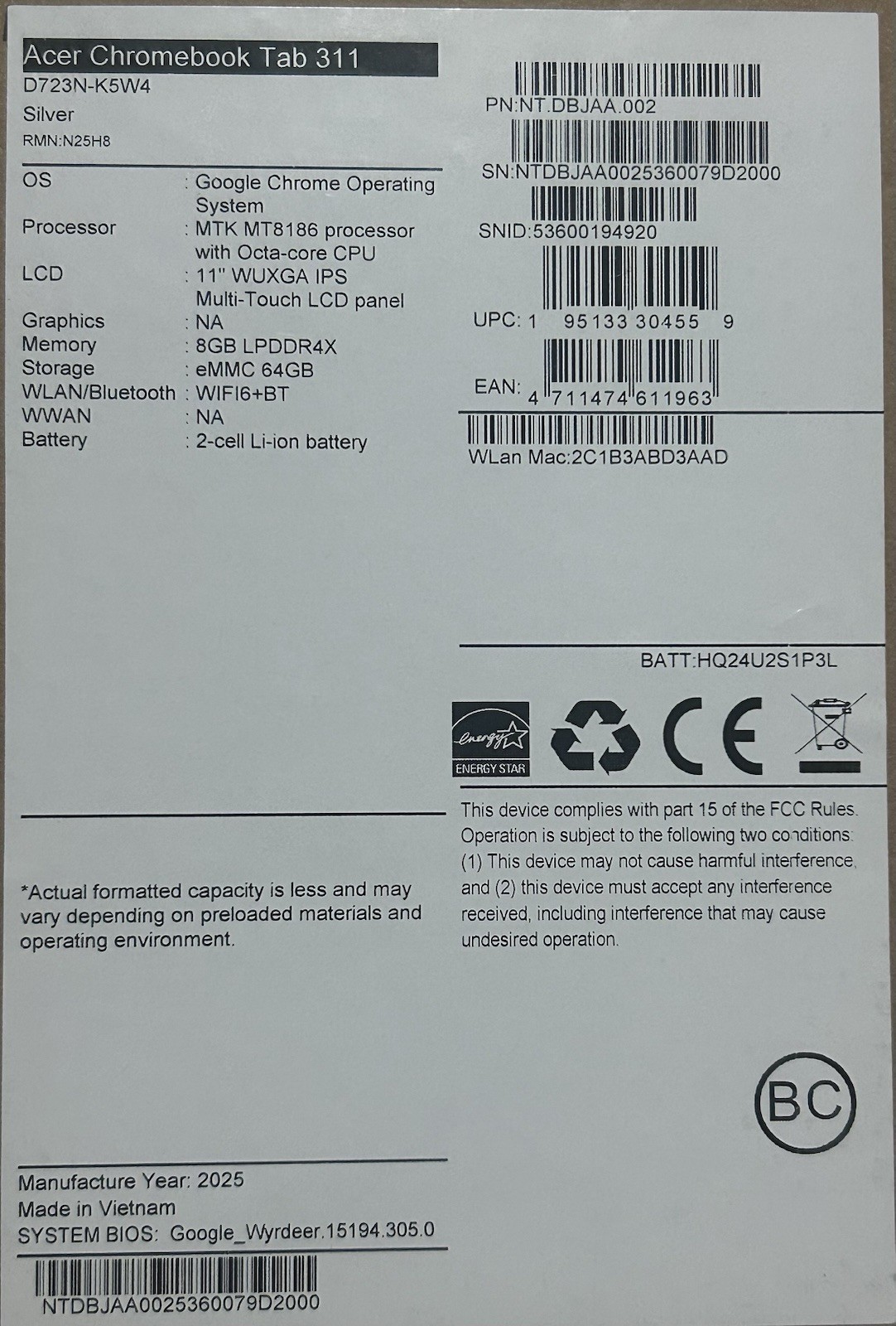 Acer Chromebook Tab 311 – 11″ Tablet D723N-K705 Chrome OS Stylus Pen Included