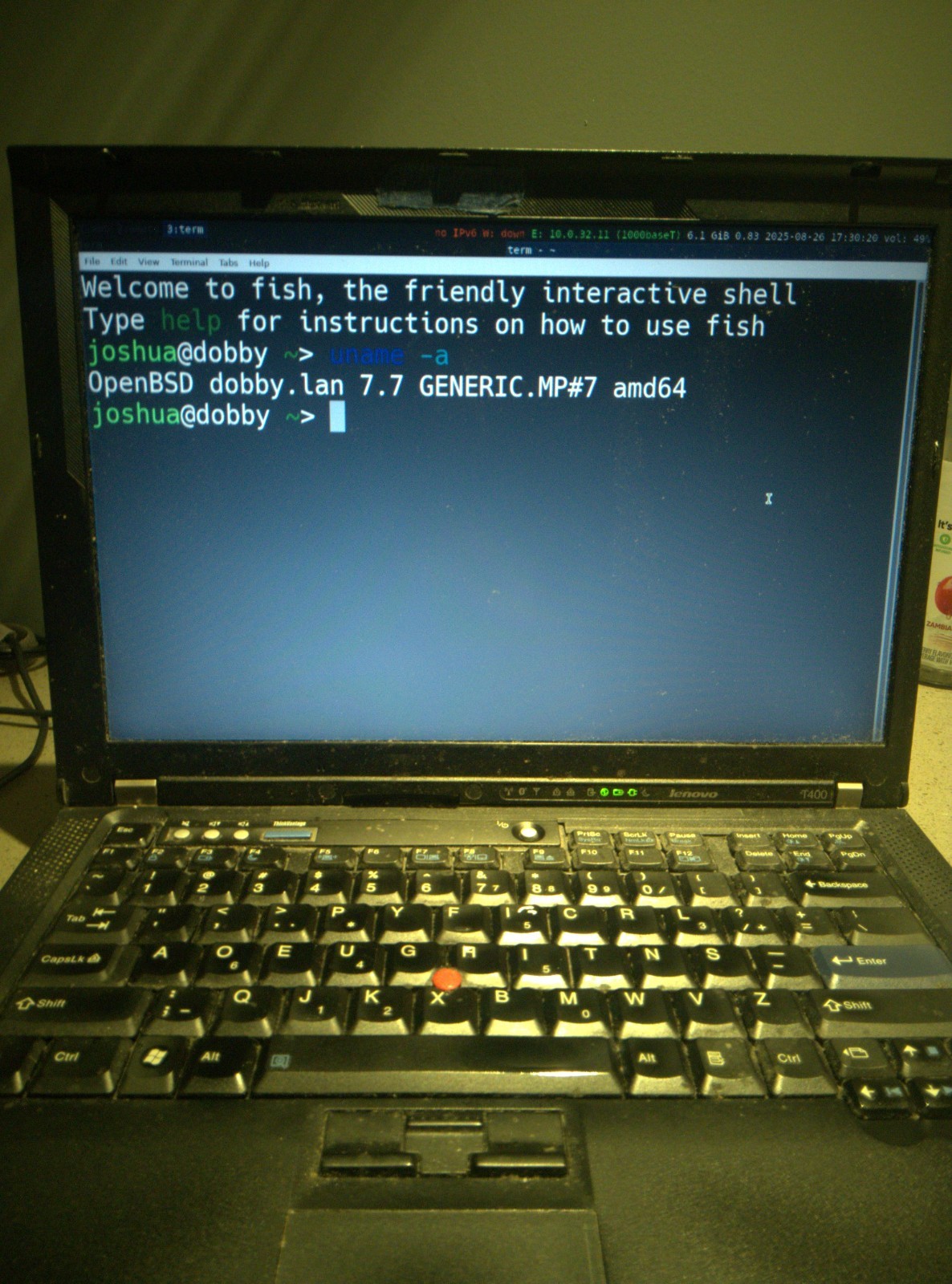 Librebooted Lenovo T400 Thinkpad Running OpenBSD, 1TB SSD (encrypted), 8GB RAM