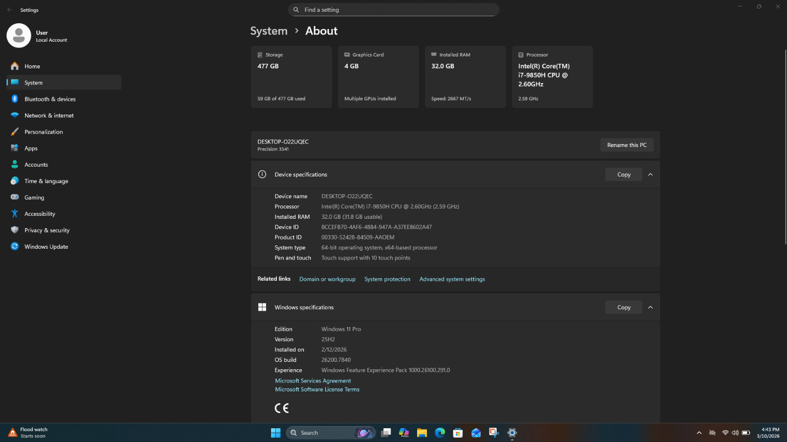 Dell Precision 3541 Mobile Workstation Intel(R) Core(TM)i7-9850H CPU @2.6 GHz 45