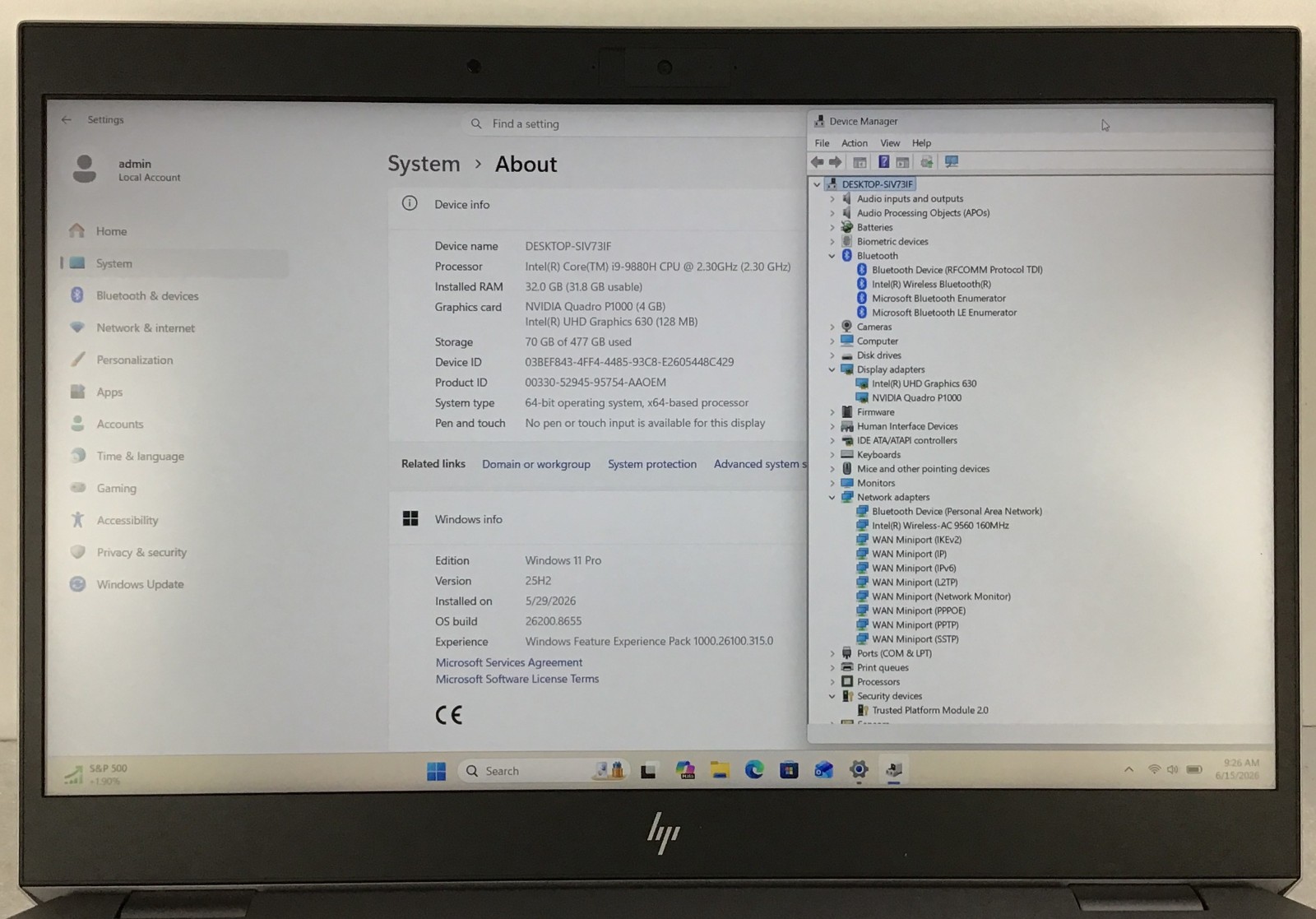HP ZBook Studio G5 15.6″ I9-9880H 2.3 GHz 32GB 512GB NVIDIA QUADRO P1000 11 Pro