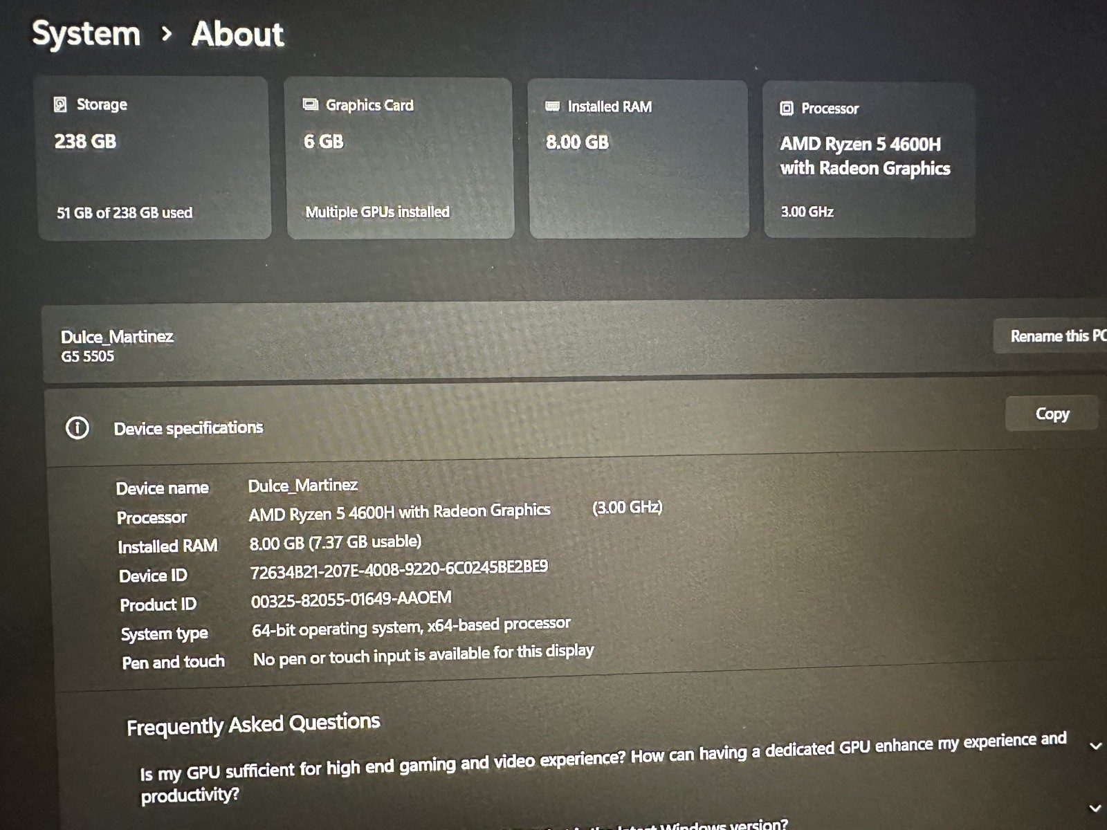 Dell G5 SE 5505 15.6″ (256GB SSD, AMD Ryzen5-4600H 3000 Mhz, 6 cores(6), 8GB)