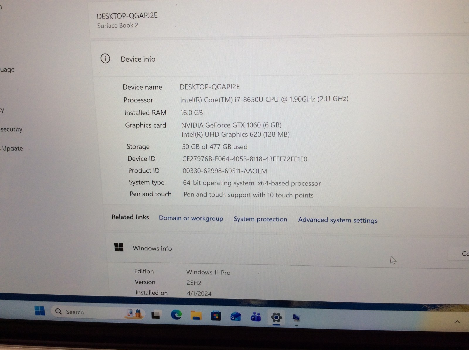 Microsoft Surface Book 2 15 TOUCH i7-8650U 1.9GHz 16GB 512GB NVIDIA GTX 1060 6GB