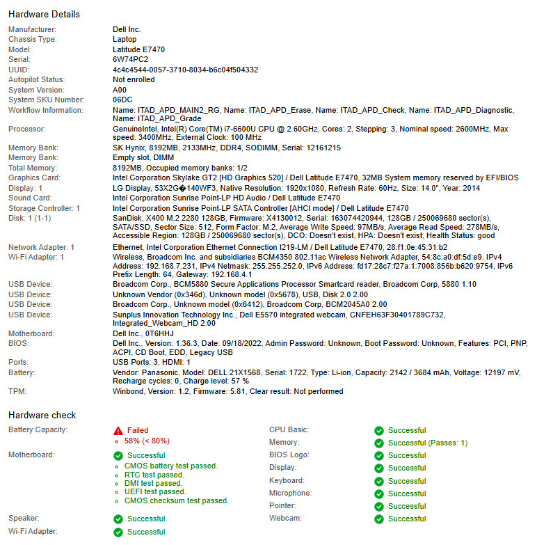 Dell Latitude E7470, Core i7-6600U, @ 2.60GHz, 8GB RAM, 128GB SSD-No OS/AC