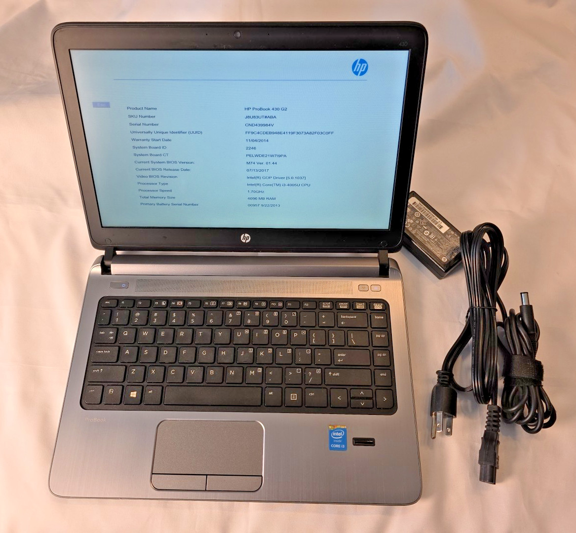 HP Probook 430 G2 i3-4005U 1.70GHz 4Gb RAM 500Gb SATA HDD w/power adapter DVDs