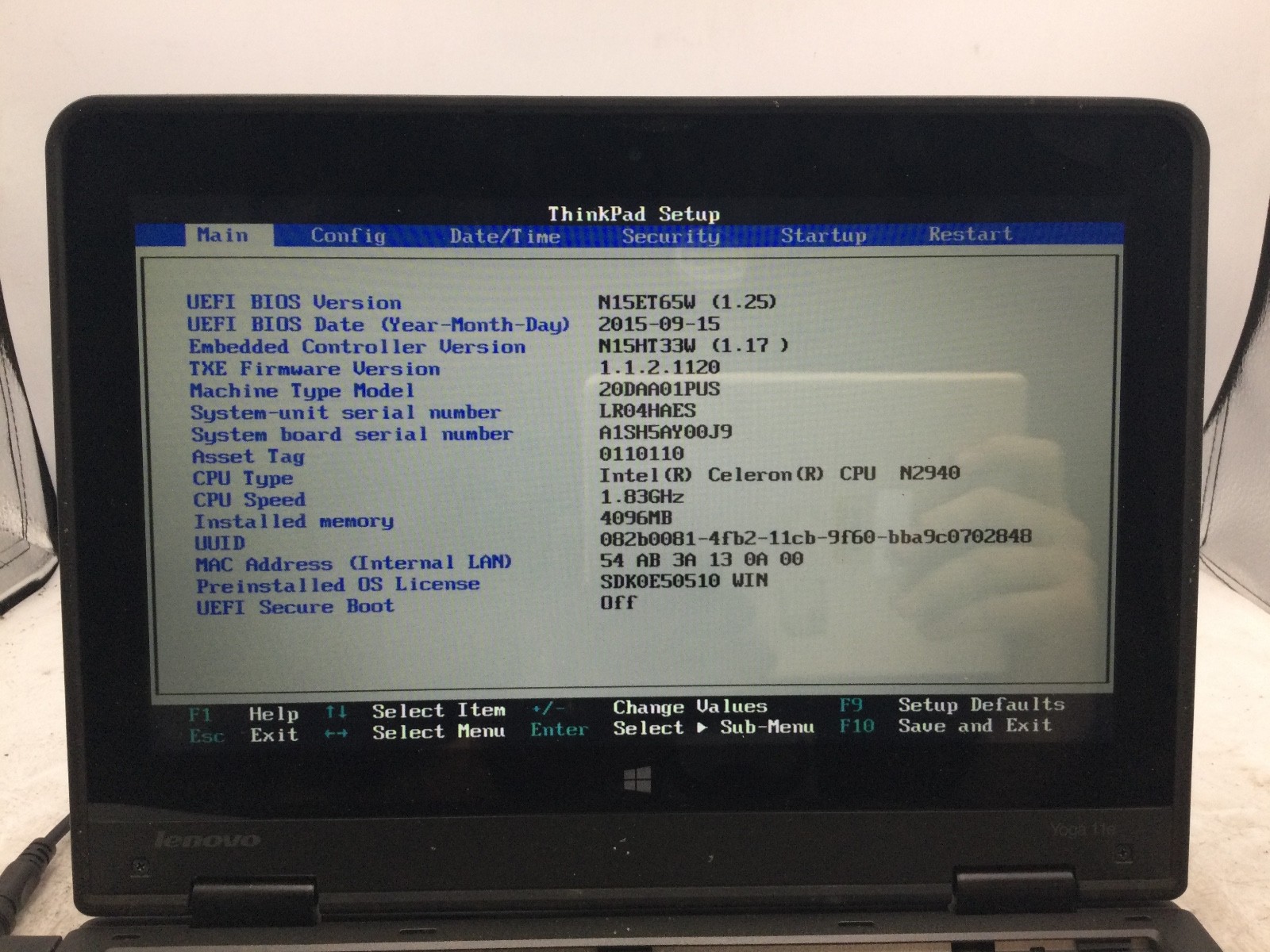 LENOVO THINKPAD YOGA 11E – BOOTS TO BIOS – INTEL CELERON – NO RAM – READ – BB